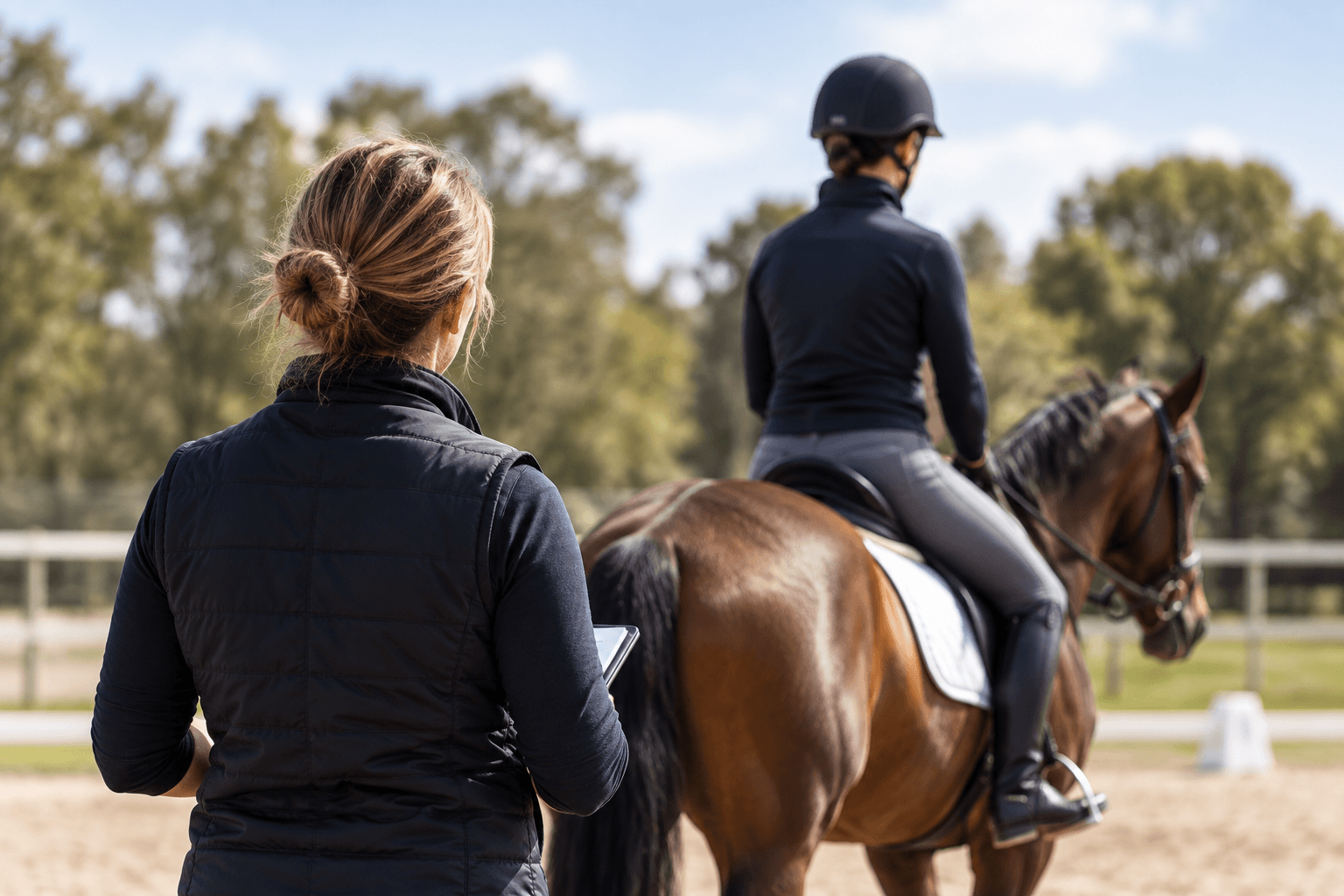 A coach watching a rider on horseback during a lesson.