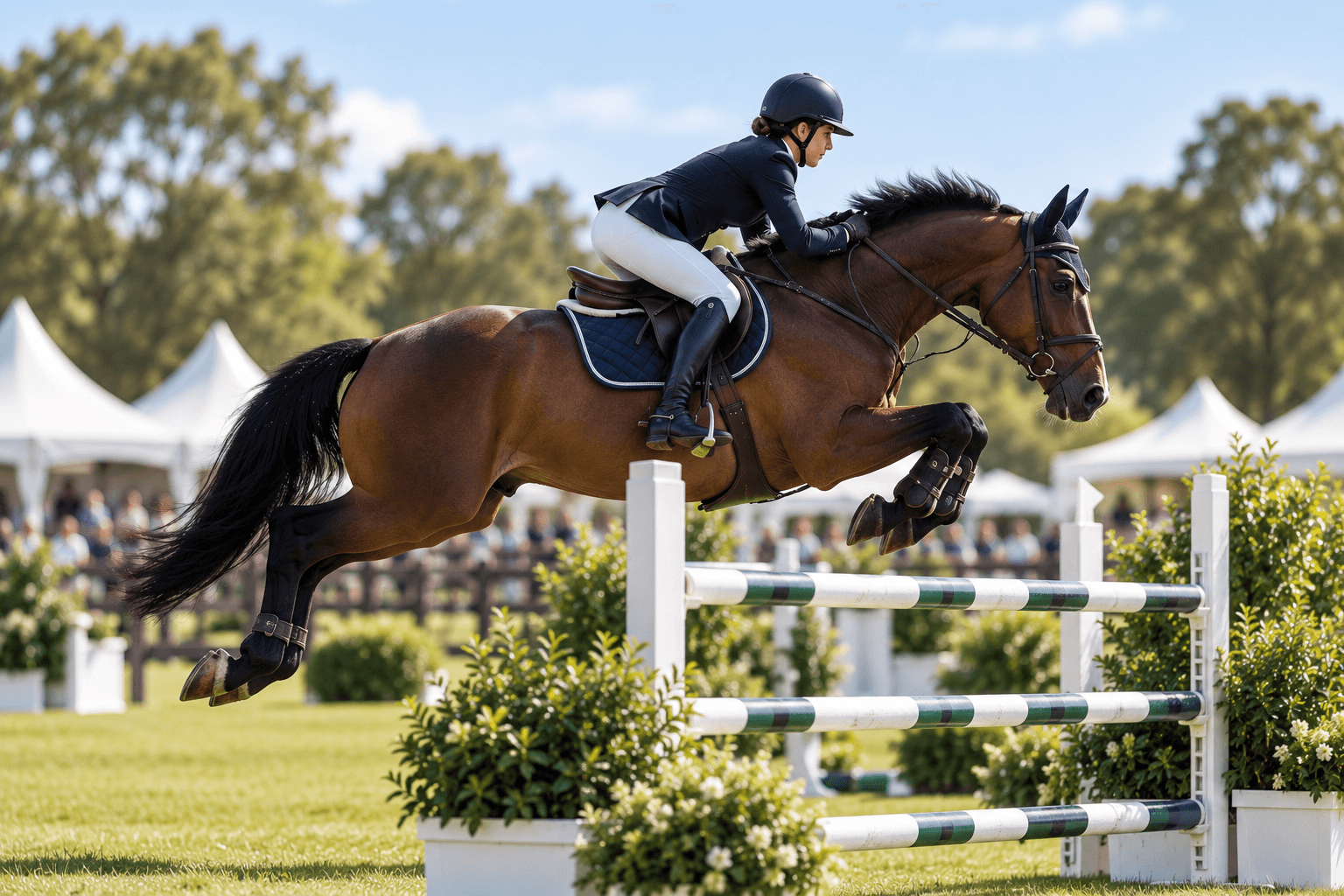 A rider and horse clearing a jump at a show-jumping event.