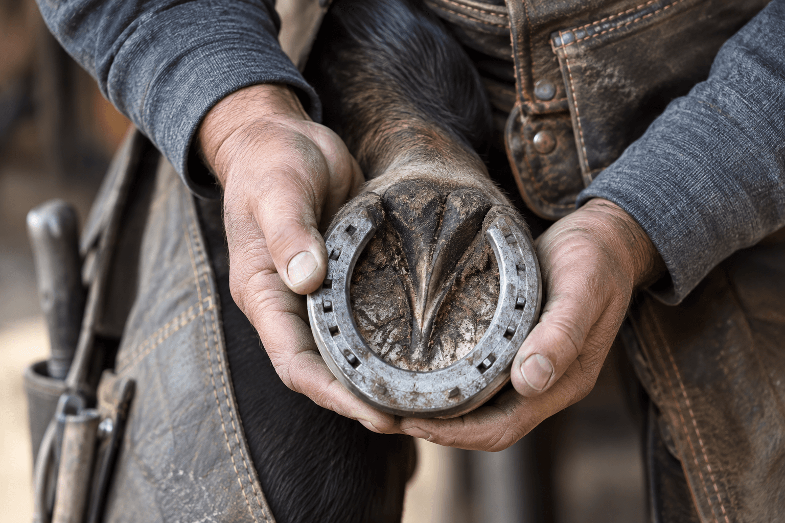 A farrier holding a horse's hoof and a horseshoe.