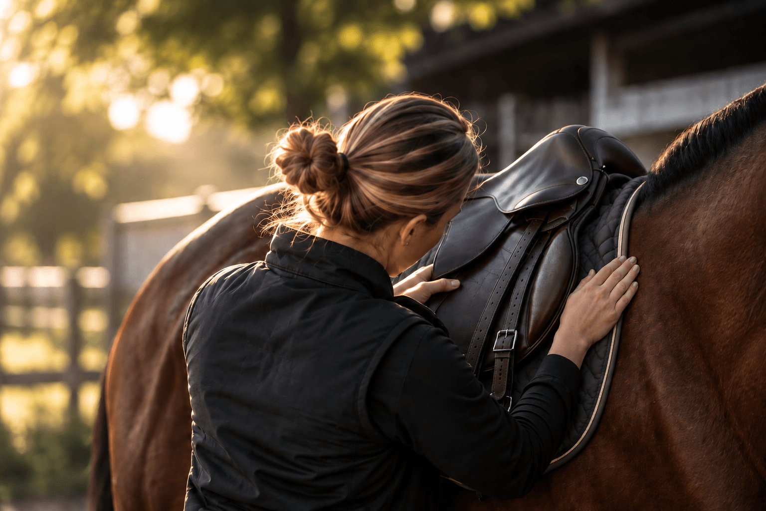 A saddle fitter checking the fit of a saddle on a horse's back.