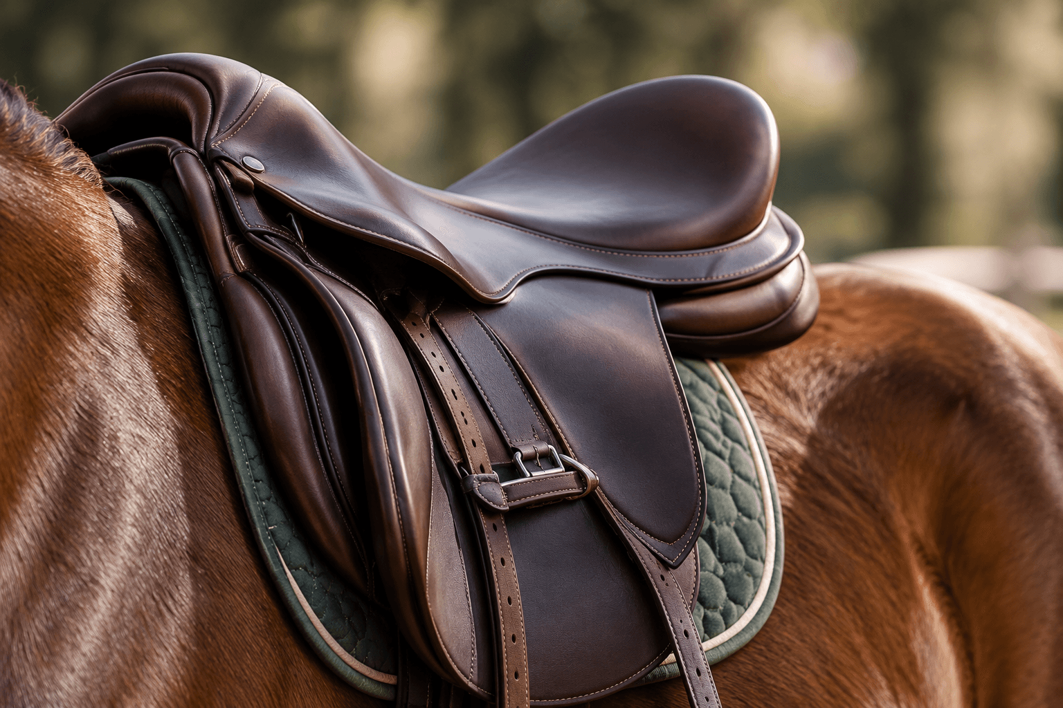 A close-up detail of a saddle fitted on a horse's back.