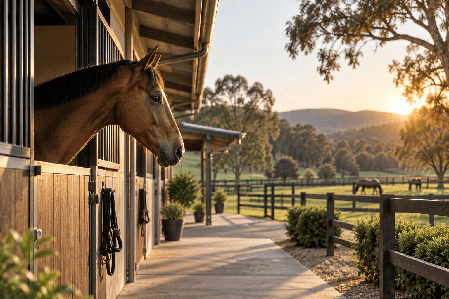 A horse looking out from its stable at a rural property.