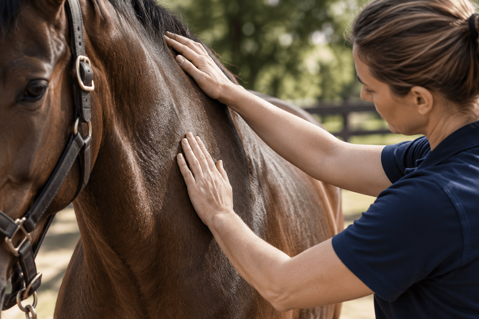 An equine therapist checking a horse's shoulder and back.