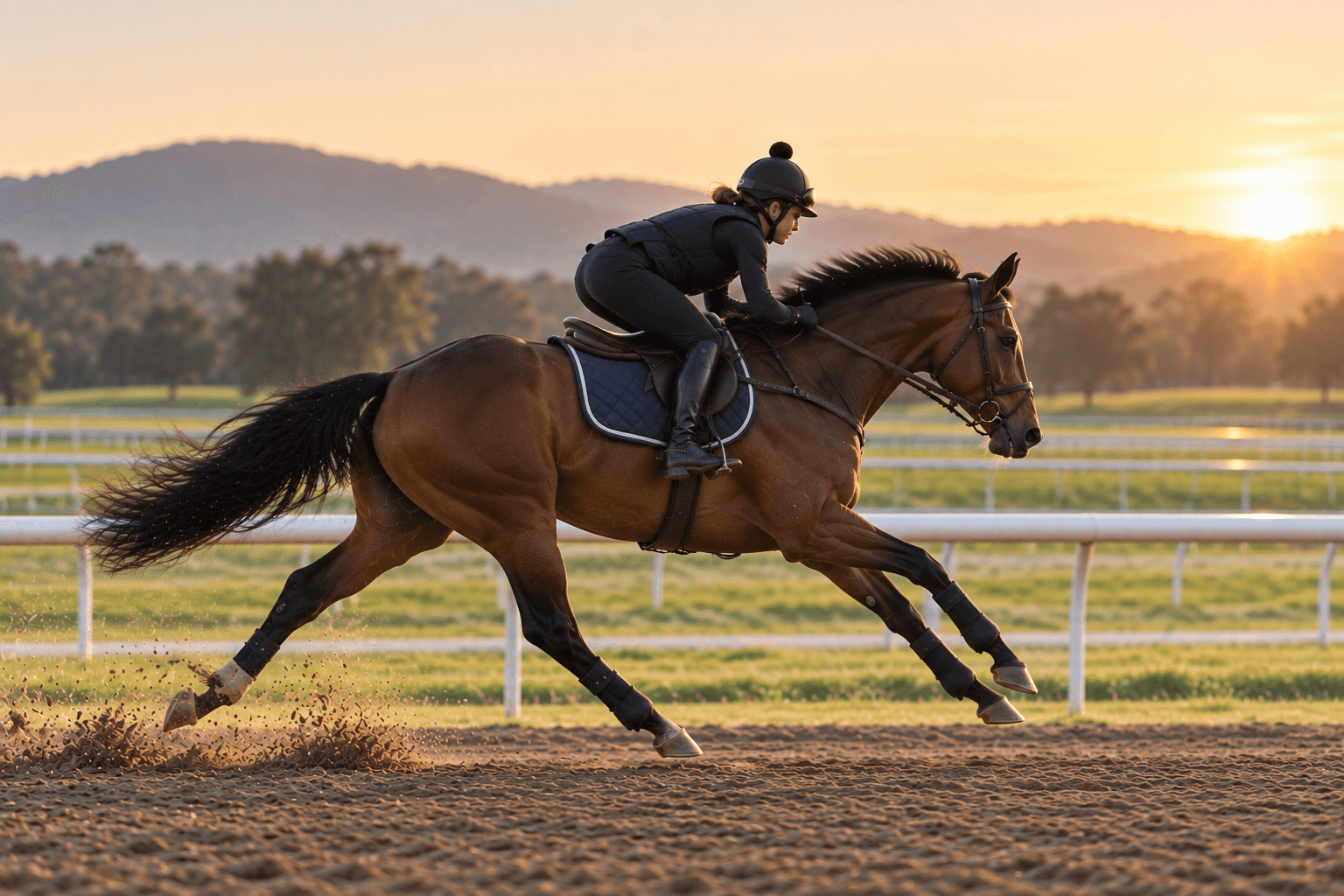 A jockey and racehorse galloping on a track at sunrise.